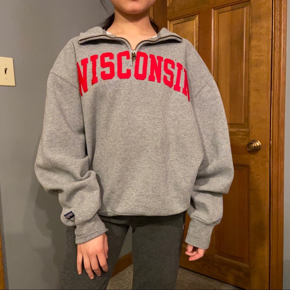 oversized “WISCONSIN” half-zip sweatshirt
